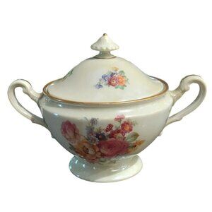 Vintage Hutschenreuther Porcelain Floral Sugar Bowl Gold Trim Bavaria Germany